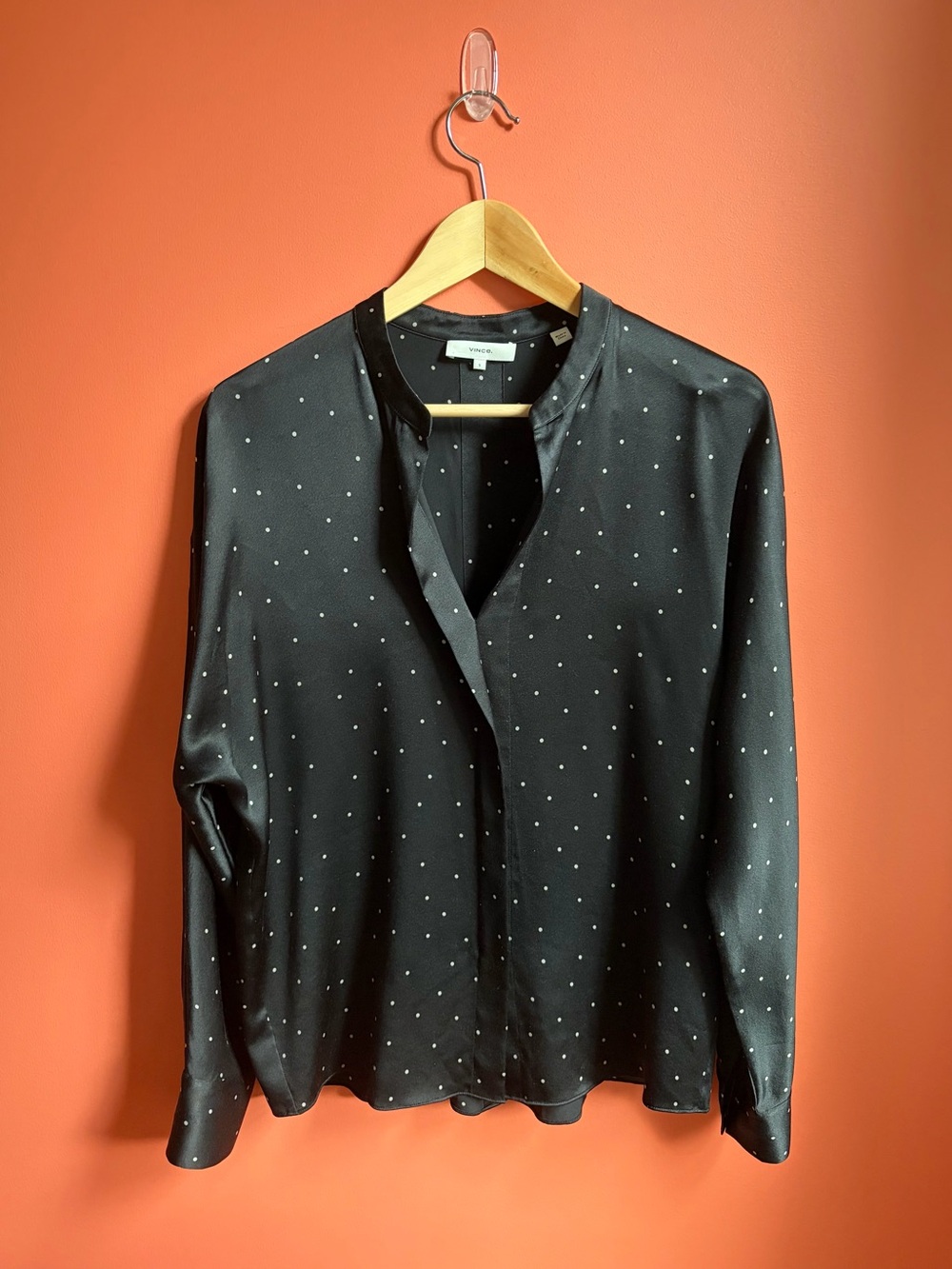 Minimalist Quiet Luxury Lagenlook vince. 100% Silk V Neck Polka Dot Blouse